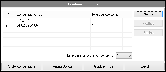 La scheda delle cobinazioni filtro