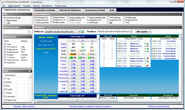 Schermata principale del software per le scommesse sul calcio